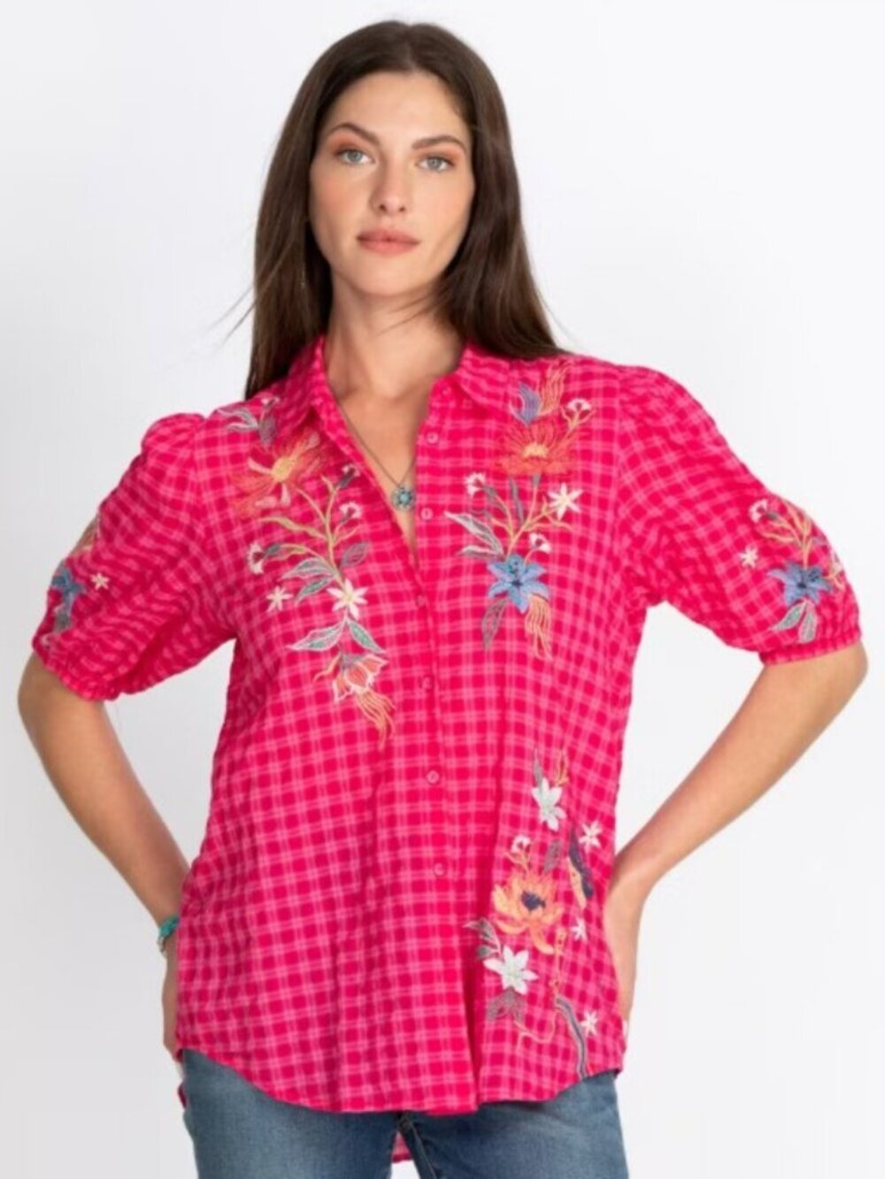 Johnny Was Jordan Lisbon Shirt Size Medium Pink Plaid Hummingbird Cottagecore